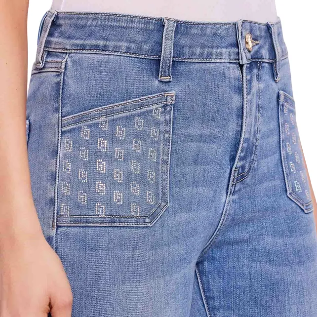 Gaudì pantalone jeans da donna a vita alta con strass alle tasche a zampa 511BD26004 00 blu chiaro