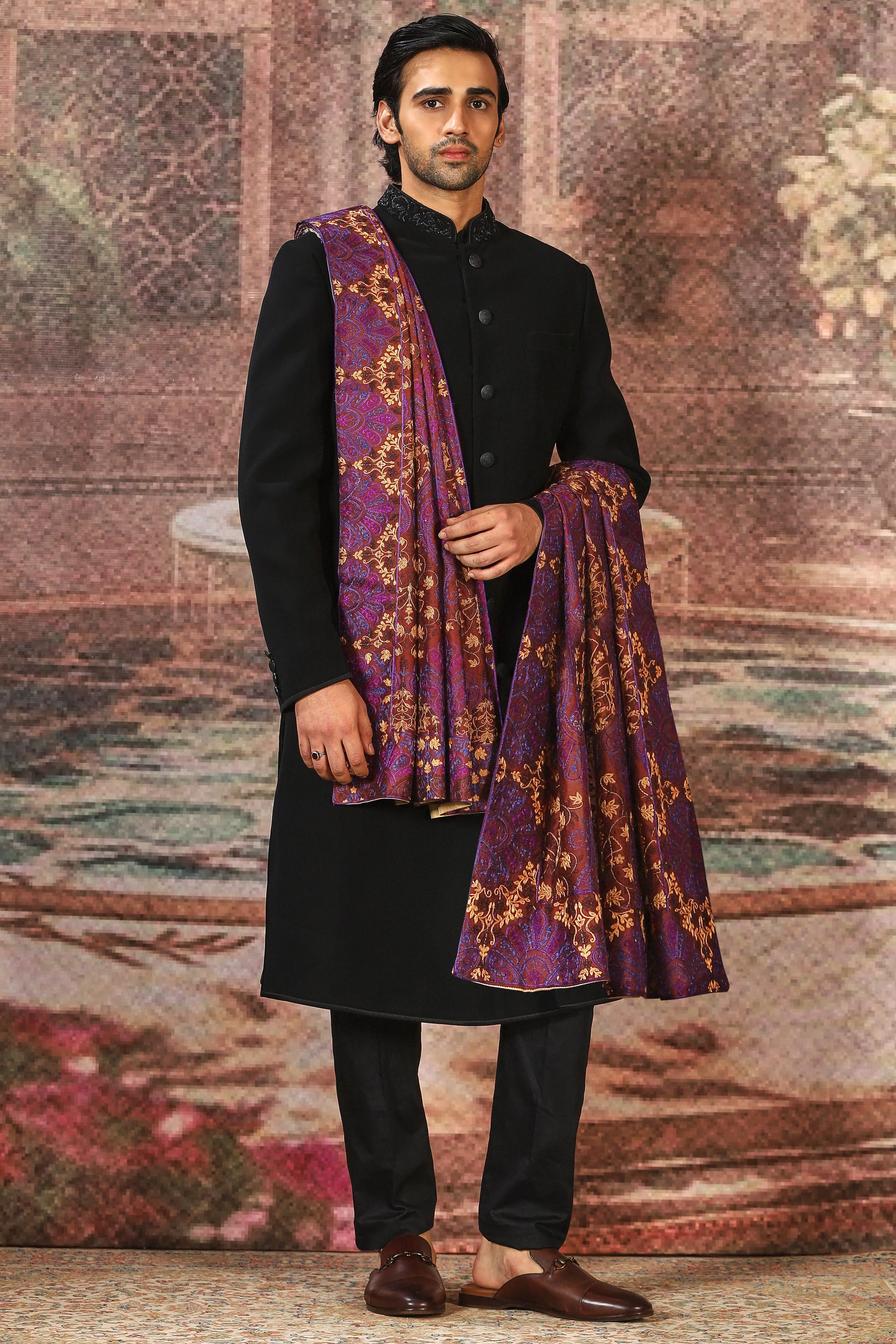 Purple Regal Silk Embroidered Stole