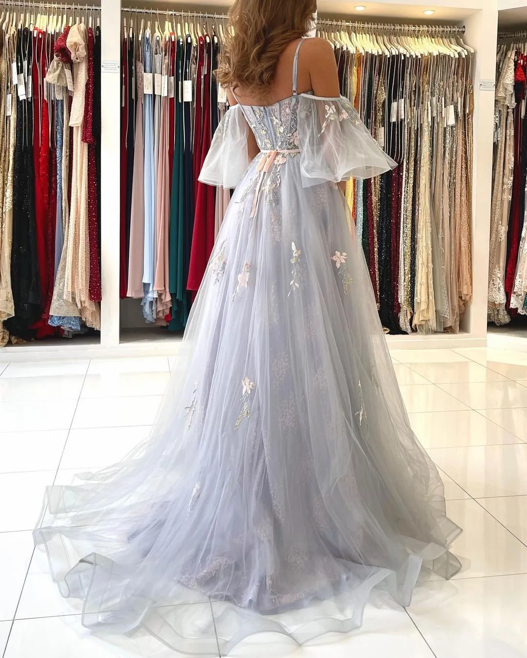 Strapless Tulle Lace Appliques Evening Dress Off Shoulder Party Dress